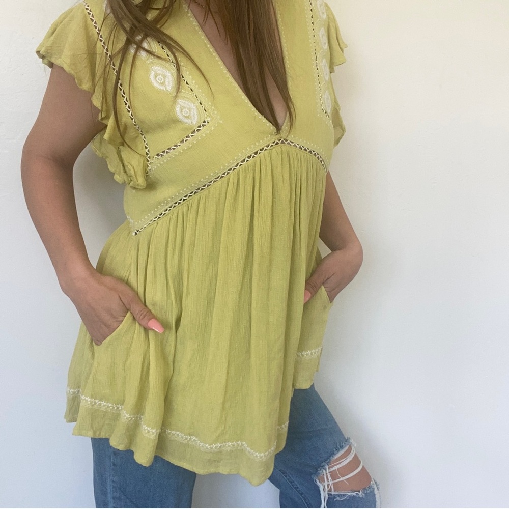 Free People Lime Green Embroidered Tunic Top with Pockets Size Medium